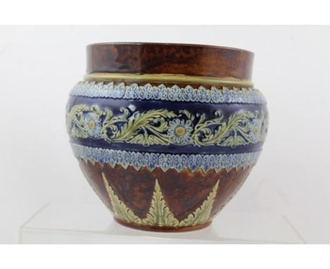 A DOULTON LAMBETH GLAZED STONEWARE PLANTER, incised monogram of Emily Partington (she worked at Doulton from 1876-1912), havi