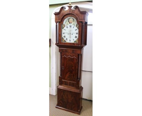 STOTCHER, LIVERPOOL AN EARLY 19TH CENTURY MAHOGANY LONGCASE CLOCK having broken swan neck pediment with central brass finial,