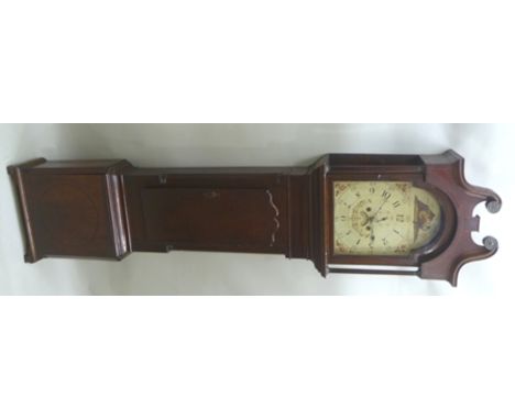 A GEORGE III OAK LONGCASE CLOCK, the arched painted dial with bird and fruit decoration, with flowers to the spandrels, Arabi