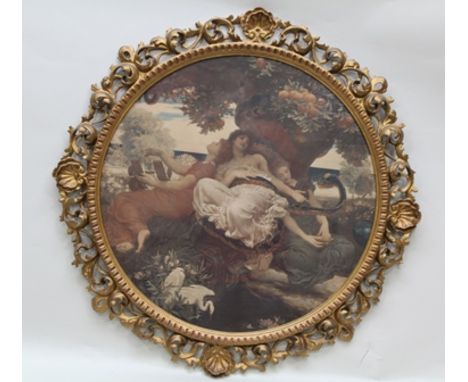 A CIRCULAR COLOUR PRINT, classical scene after F Lord Leighton in gilt wood Florentine frame, picture diameter 60cm 