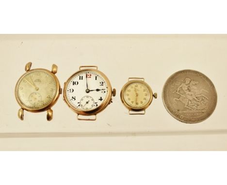 THREE GENTLEMAN'S WRIST WATCHES comprising; a pocket watch conversion in 9ct gold case, a 1950's Amex in gold case, a 1960's 