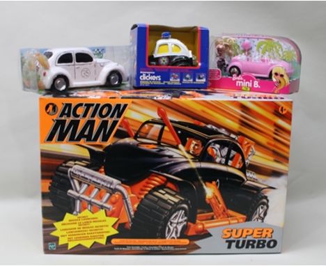 ACTION MAN SUPER TURBO VW BEETLE with secret missile launcher by Hasbro in OVB together with Barbie mini B VW beetle converti
