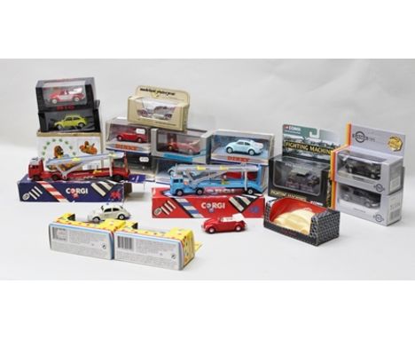 A COLLECTION OF DIE-CAST VW BEETLE MODELS including five Dinky toys in OVB, Corgi Car Transporter vehicles, a Metosol Portuga