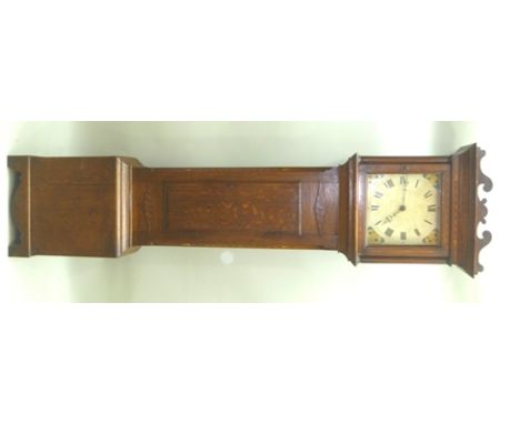 A GEORGE III OAK LONGCASE CLOCK, the arched dial painted with shells and bunches of grapes, Arabic numerals with secondary di