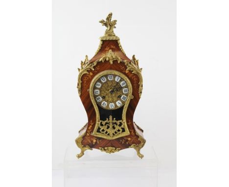 A 1980's HERMLE NEUCHATEL STYLE CASED BRACKET/MANTEL CLOCK, having walnut marquetry inlaid case, 8-day mechanism, gilt dial a