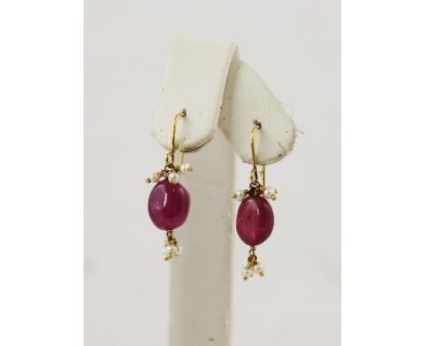 A PAIR OF RUBY AND SEED PEARL DROP EARRINGS, on wire fittings 