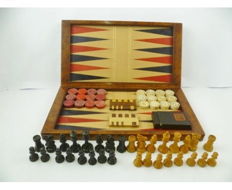 A 20TH CENTURY BURR WALNUT GAMES COMPENDIUM/COMPOSITE, having fold-over case enclosing a tooled backgammon leather interior, 