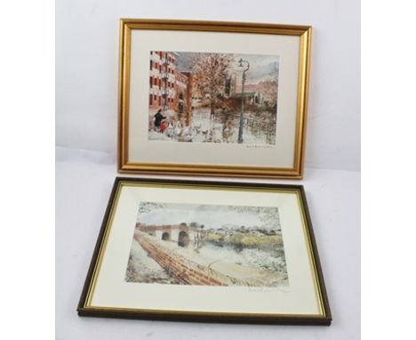 AFTER DAVID BIRTWHISTLE "South Quay and Cathedral, Worcester", a polychrome Print, together with ANOTHER "The Old Bridge and 
