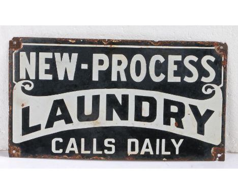 Early 20th century advertising enamel sign for 'New-Process Laundry, Calls Daily', with white lettering on a black ground, 45