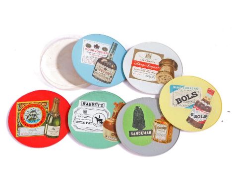 Set of six advertising coasters, to include Bols, Sandeman Contreau, Harvey's Port, Gilbey's Squadron Rum, Gilbey's Scotch Wh