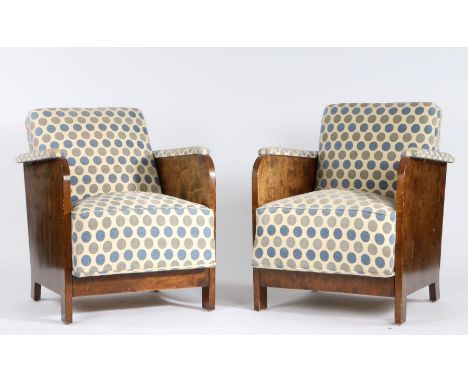 Pair of Art Deco walnut armchairs, with drop in seats and back rests, having curved arm rests and reupholstered in polka dot,