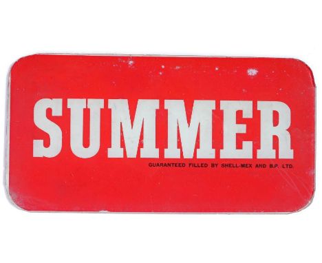 Summer glass advertising panel (from a Beckmeter petrol pump), in white lettering on a red ground, 31.5cm wide, 16cm high