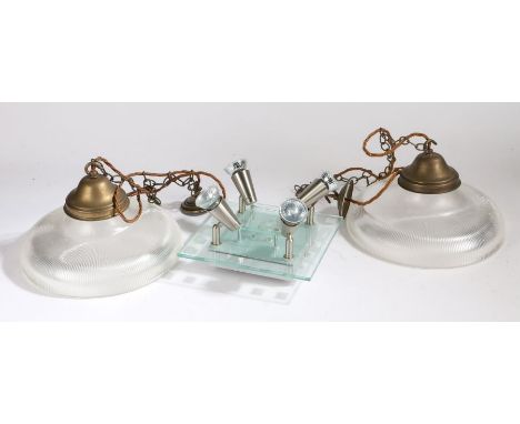 Pair of contemporary ceiling lights, with reeded clear glass shades, contemporary chrome ceiling light, the square plate with