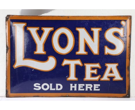 Lyons enamel advertising sign, with white lettering highlighted in orange, on a navy blue ground, 74.5cm wide, 48.5cm high