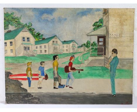 1960's naive American School, study of figures holding a surf board, radio, guitar etc. with a policeman looking on, with var