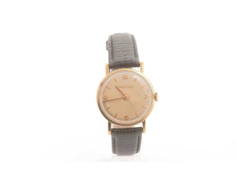 Jaeger LeCoultre: a 9ct yellow gold cased manual-wind wristwatch, the dial with Arabic quarters and triangular baton numerals