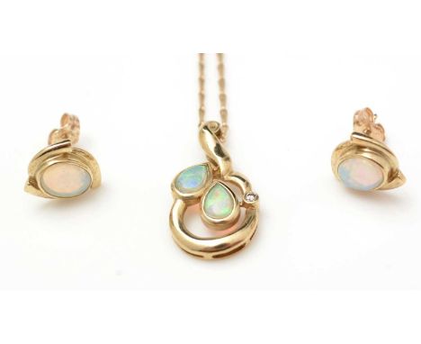 An opal, diamond and 9ct yellow gold pendant, on 9ct yellow gold fine link chain; together with a pair of opal and 9ct yellow