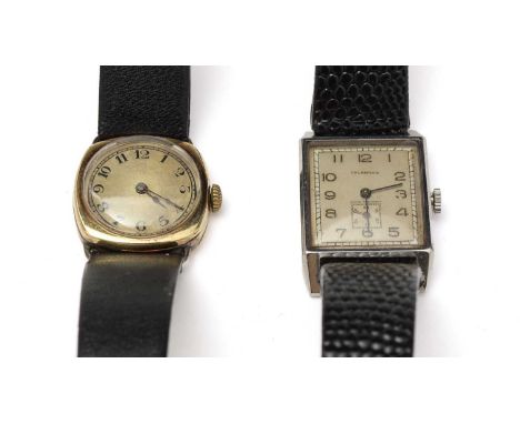Hallmark Swiss: a gold cased manual wind wristwatch, the case stamped 'Hallmark 14K', leather strap; and a steel cased wristw