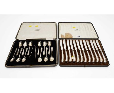 A set of twelve tea knives with pistol grips, by Walker &amp; Hall, cased; and a set of silver coffee spoons and tongs, by Co