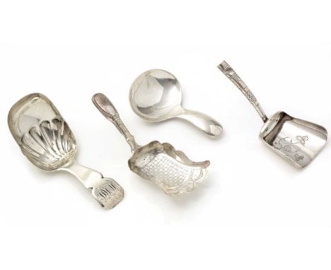A George III silver caddy spoon, with a canted square terminal, initialled, by T. Robinson and S. Harding, London 1810; toget