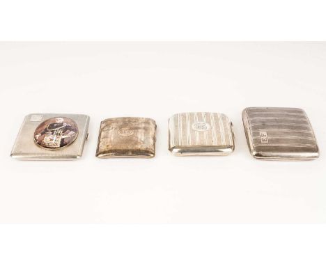 Four silver cigarette cases, one with printed enamel portrait of a gentleman in Masonic regalia, 15.6oz. gross. 