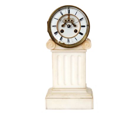 A 19th Century brass barrel mantle clock with circular white enamelled dial with open escapement and eight day striking movem