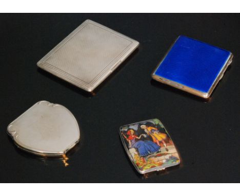 A hallmarked silver cigarette case with engine turned decoration, London 1928 with a metal enamelled example, a butterfly win