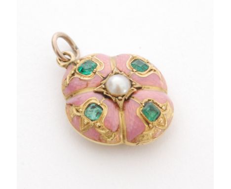 A Georgian shaped oval gold memorial pendant with central pearl and four emeralds to a pink enamel ground to the front and pl