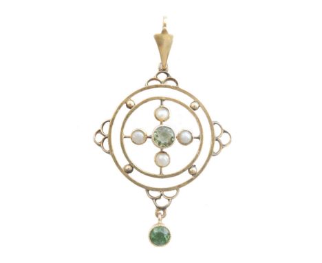 An Edwardian 9ct open work pendant set with seed pearl and two green stones, length 5cm, stamped 9ct. 