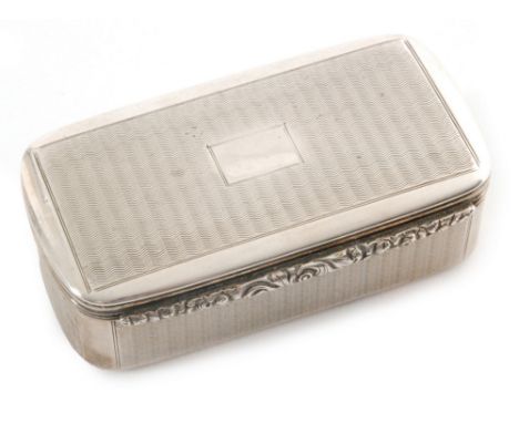 A William IV hallmarked silver cushioned rectangular snuff box with engine turned decoration to whole, raised thumb rest to h