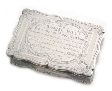A Victorian hallmarked silver rectangular snuff box with presentation engraving form Birmingham Retail Brewers to Samuel Hill