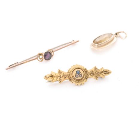 A 15ct sapphire and diamond bar brooch, weight 2.7g with a 9ct amethyst examples and a citrine pendant total weight 5.9g, S/D