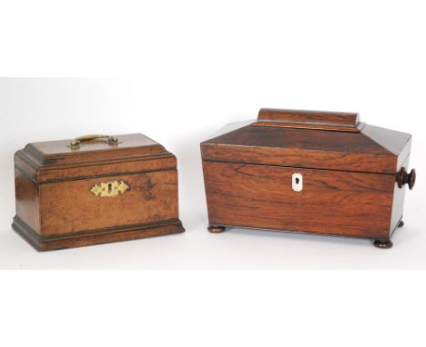 A William IV rosewood tea caddy of sarcophagus form, with twin hinged canisters, lacking mixing bowl, width across the later 