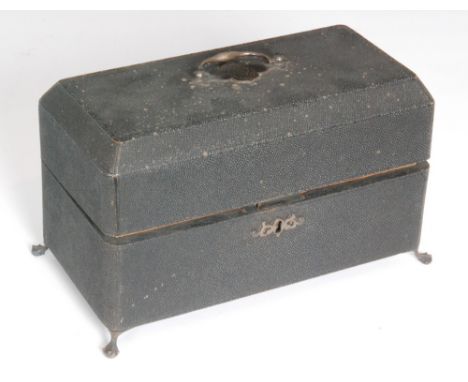 A 19th Century shagreen tea caddy casket of canted rectangular form raised on four claw and ball feet and terminating in arch