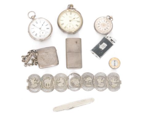 A small parcel lot of assorted items to include three pocket watches, lighters, compass etc., A/F. 
