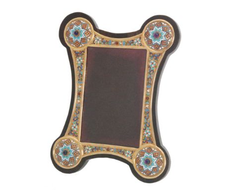 A Russian silver gilt rectangular photograph frame with cloisonne enamel decoration detailed with cabochon cut amethysts all 