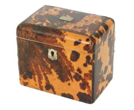A Georgian tortoiseshell tea caddy of rectangular form, with white metal cartouche, keyhole escutcheon and line inlaid detail
