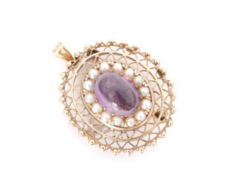 A 9ct hallmarked amethyst and seed pearl pendant/brooch, central oval cabochon amethyst within a pearl surround and pierced b