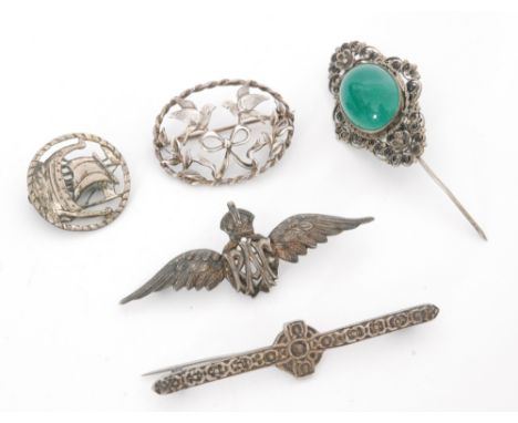 Five assorted silver brooches to include RAF wings and Celtic examples, various dates. (5) 