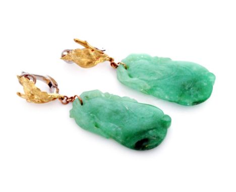 A pair of 18ct mounted carved and pierced jade earrings each modelled as gourd below yellow leaf details and white gold screw