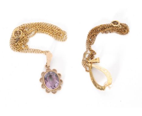 A 9ct single stones cultured pearl necklet, together with a similar amethyst example, each suspended from a fine trace chain.