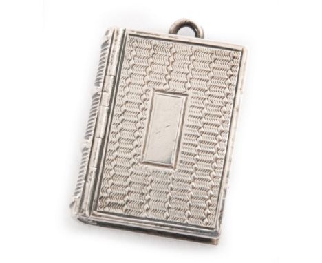 A William IV hallmarked silver rectangular vinaigrette modelled as a book with engine turned decoration to whole, opening to 