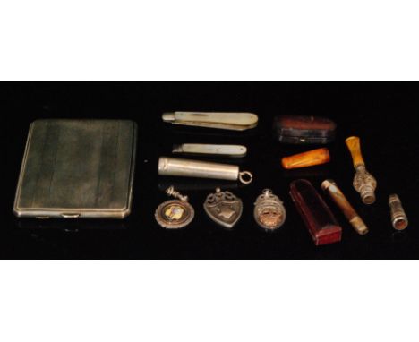 A hallmarked silver cigarette case with engine turned decoration with two folding fruit knives three fobs etc. 