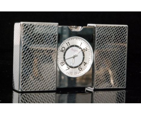 An Asprey stainless steel travel alarm desk clock, circa 2006, quartz movement, silvered dial, Arabic numerals and luminous b