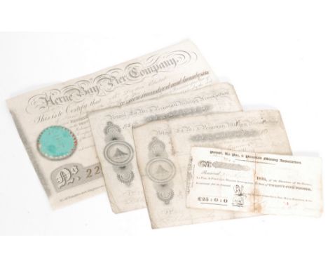 Three early 19th Century Peruvian Potosi mining share certificates circa 1825-1827 and a Herne Bay pier company certificate 1