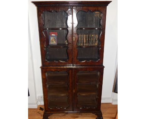 George II design walnut glass cabinet, enclosed by four moulded shaped doors, on acanthus carved bracket feet, 103cm w
