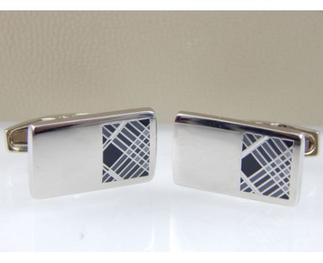 Pair of Burberry cufflinks, the polished rectangular buttons with chequer enamel panel, boxed 