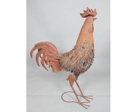 Aged strip metal model of a standing cockerel, 115cm h