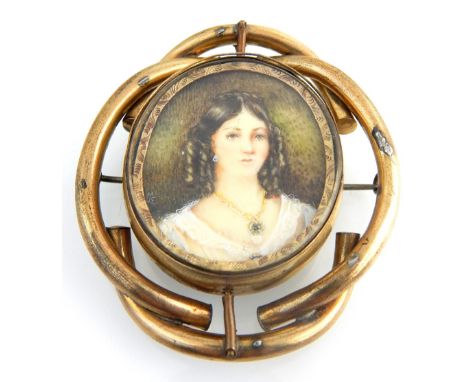 19th C swivel mounted portrait miniature of a young woman to obverse and detail of a eye verso, contained yellow metal brooch