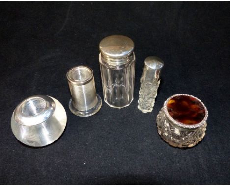 Silver mounted, tortoiseshell and glass dressing table bottle, a glass match striker of globe form, cylindrical match striker